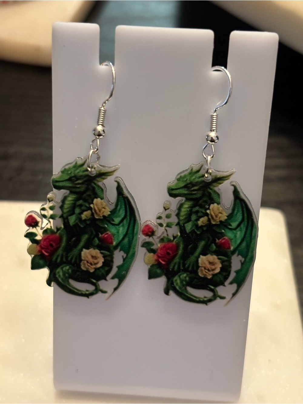 Title: Green Dragon Rose Acrylic Dangle Earrings | Sitting Green Dragon With Fol